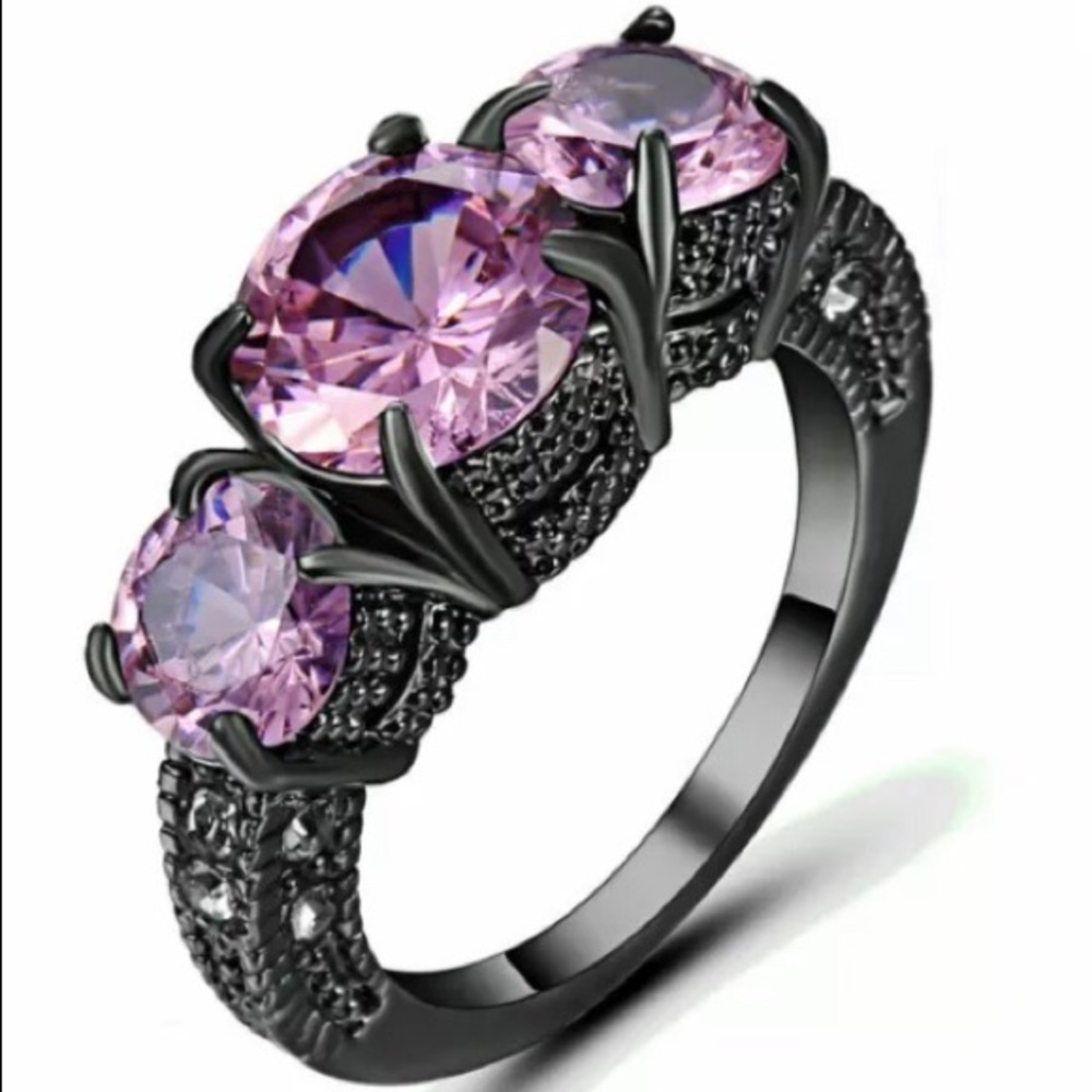Pink Sapphire triple stone Rhodium plated